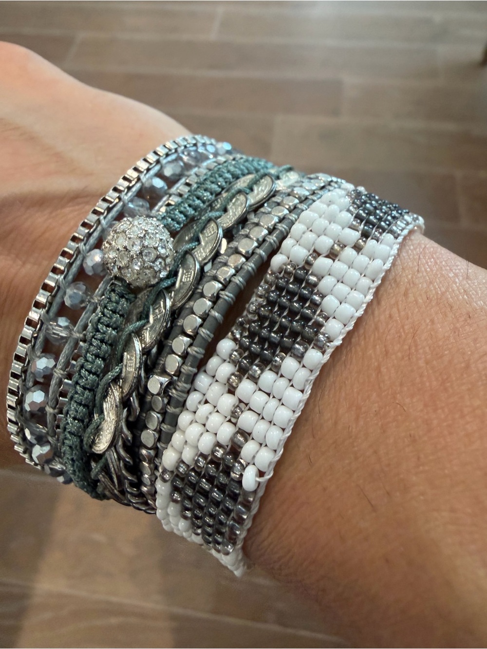 Victoria Emerson Multi-Strand Beaded & Braided Bracelet - White & Silver & Green